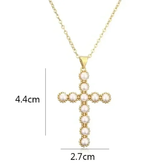 NWT Pearl Cross Necklace - Pearl Beads Stainless Steel Adjustable Chain - Picture 3 of 3
